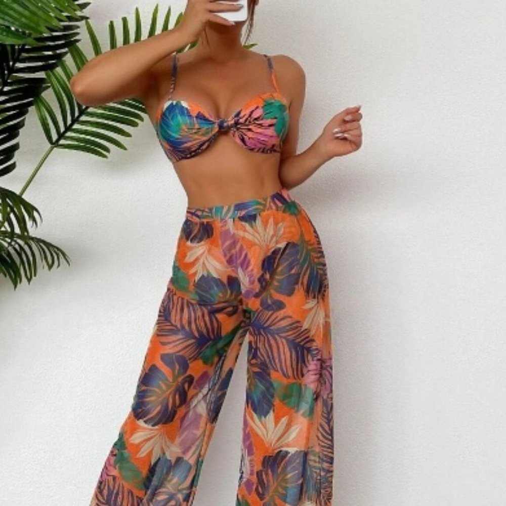 3pcs Tropical Print High Cut Bikini Swimsuit With Cover Up